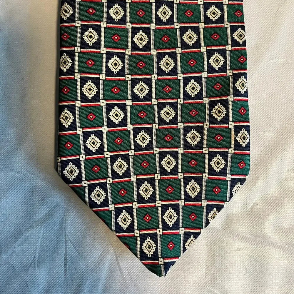 Vintage HUNTING HORN Green Navy Red Medallion Print Silk Men's Tie 63